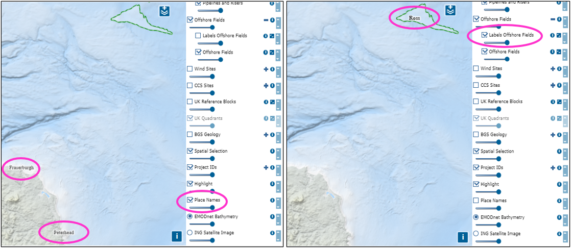 Maps showing labels for Place Names and Fields
