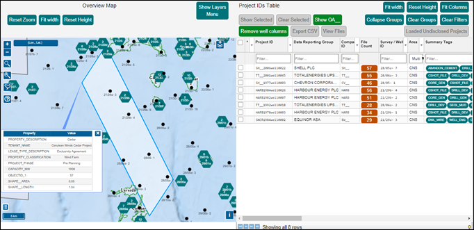 Screenshot showing results of a spatial selection from the map using offshore wind site polygon